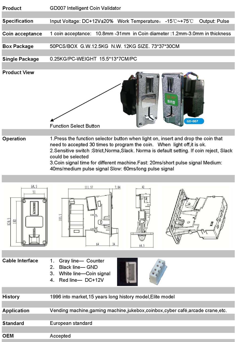 GD007 COIN SELECTOR ACCEPTOR